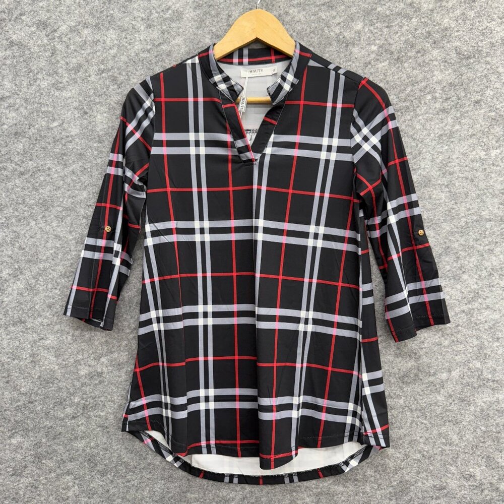Haute Edition Women's Pullover Shirt, 3/4 Tab Sleeve Plaid Pattern, Size S, NEW